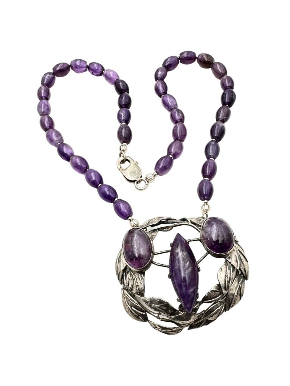 Womens Necklace Sterling Silver Amethyst Artisan Leaf Design Pendant Unique